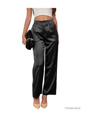 High Waisted Wide Leg Palazzo Pants Pleated Silky Trousers with Pockets